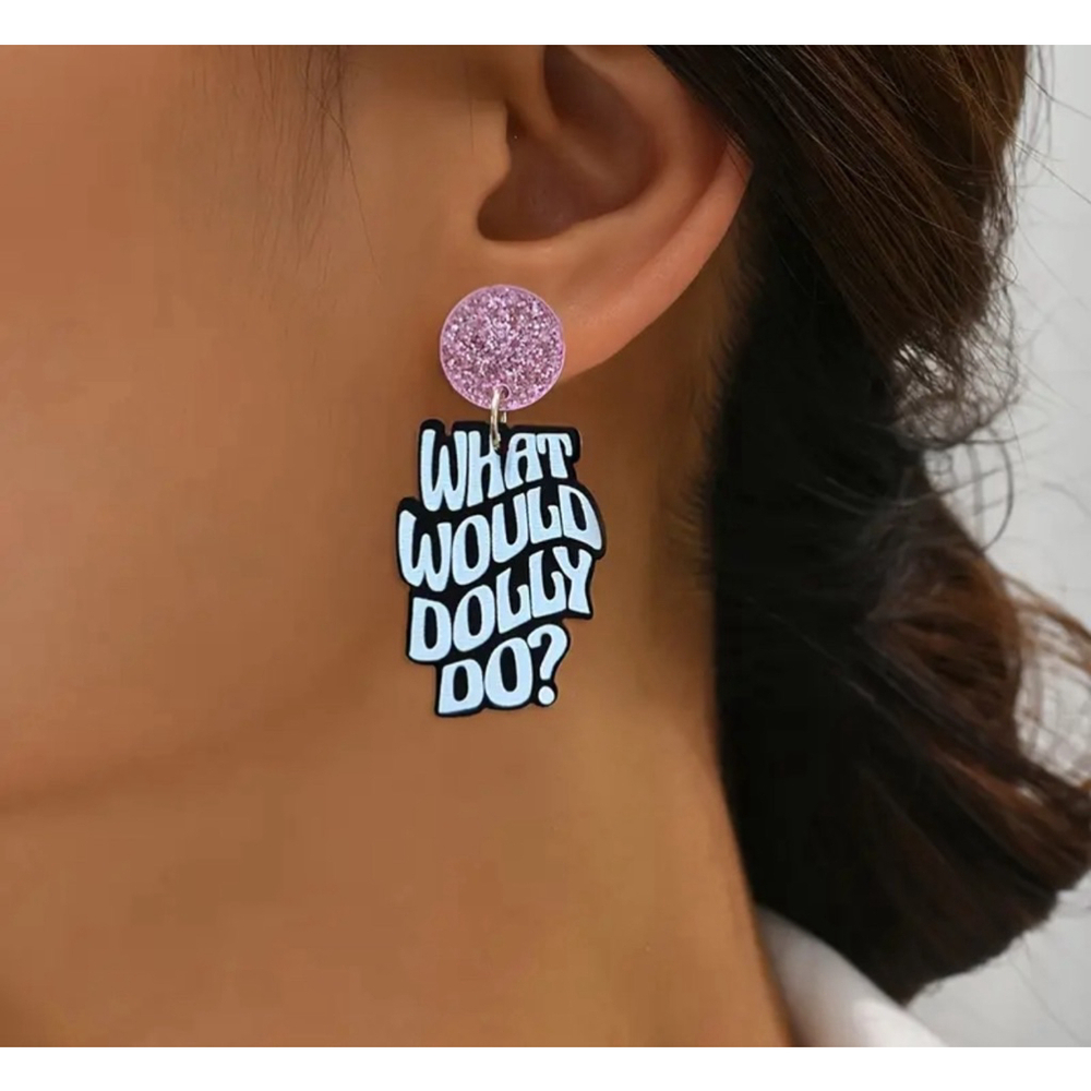 Pink Glitter Studs with Black and White What Would Dolly Do Dangle Earrings